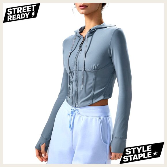 Cropped Hooded Athletic Jacket with Corset Fit for Running Yoga